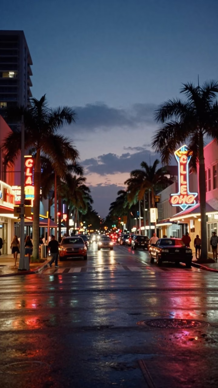 Twilight Street Scene in Miami Florida with Neon Lights and Urban Life in in Miami, Florida, United States