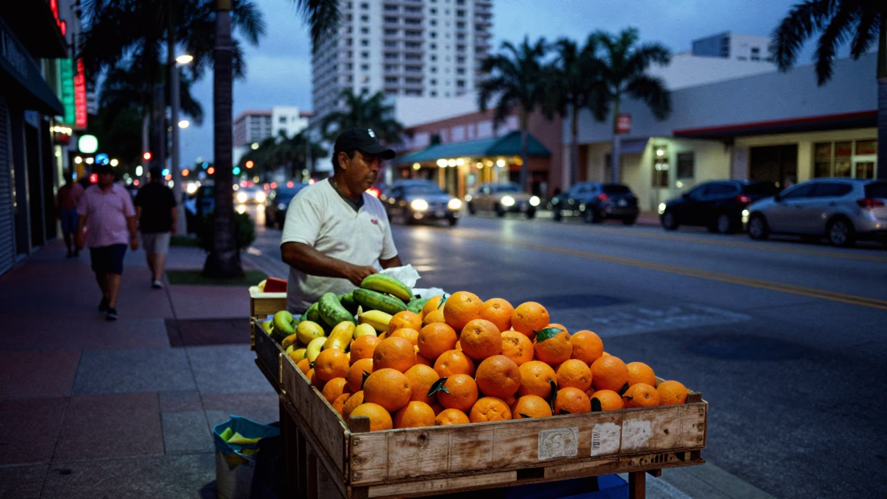 Twilight street scene in Miami Florida with vendor fruit crate and casual pedestrians in in Miami, Florida, United States