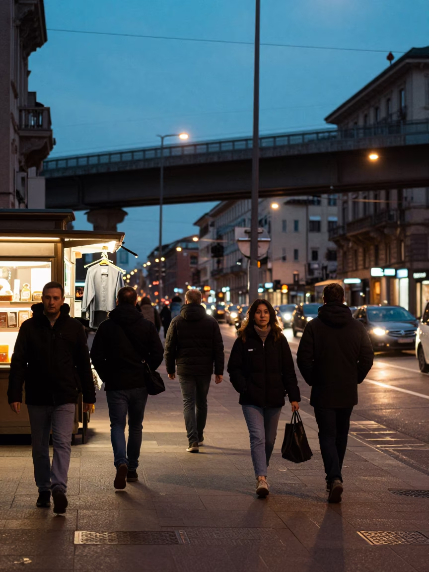 Twilight Street Scene in Milan Italy with Highway Flyover and Urban Life in in Milan, Italy