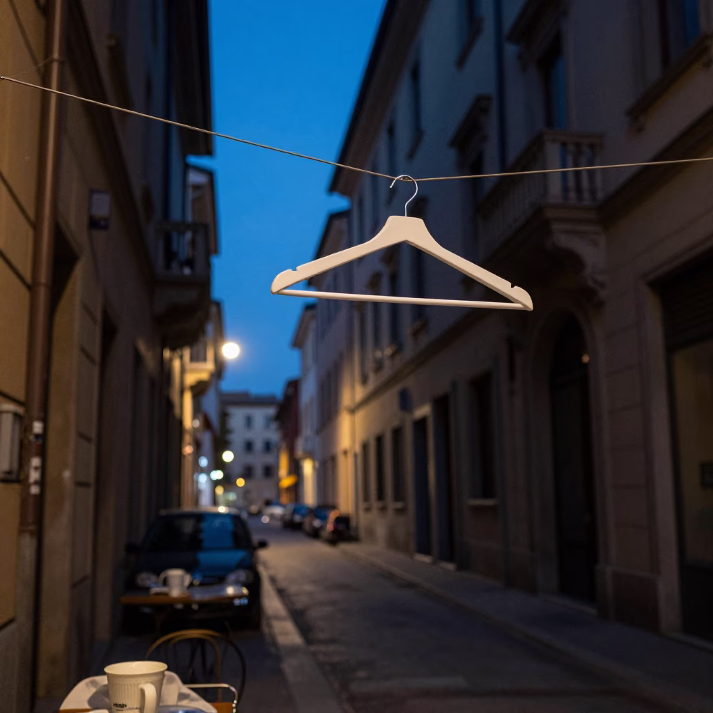 Twilight Street Scene in Milan Italy with Shirt Hanger and Carafe in in Milan, Italy