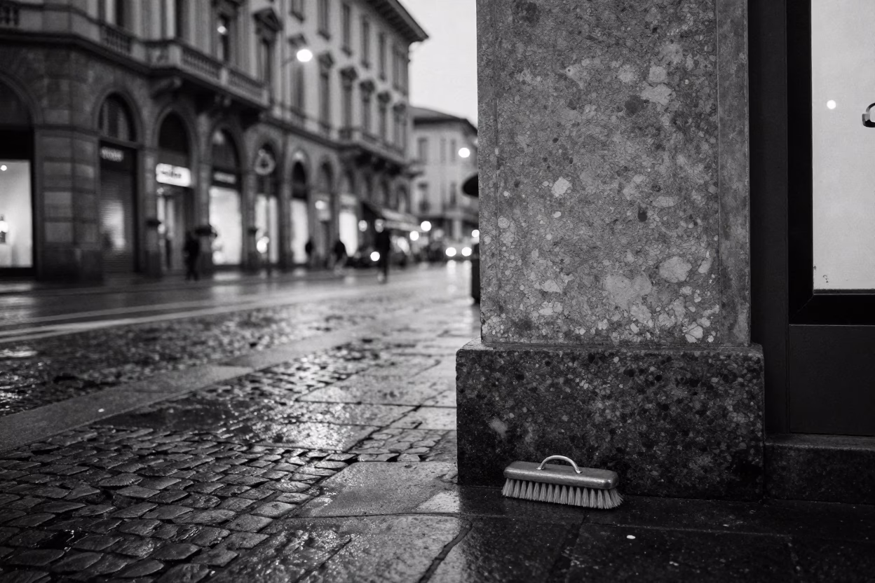 Twilight Street Scene in Milan Italy with Shoe Brush and Urban Details in in Milan, Italy