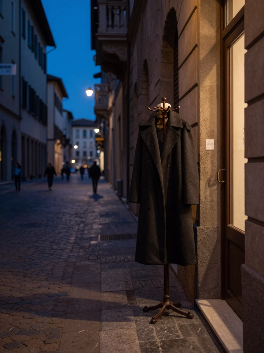 Twilight Street Scene in Milan Italy with Vintage Coat Stand and Candelabra in in Milan, Italy