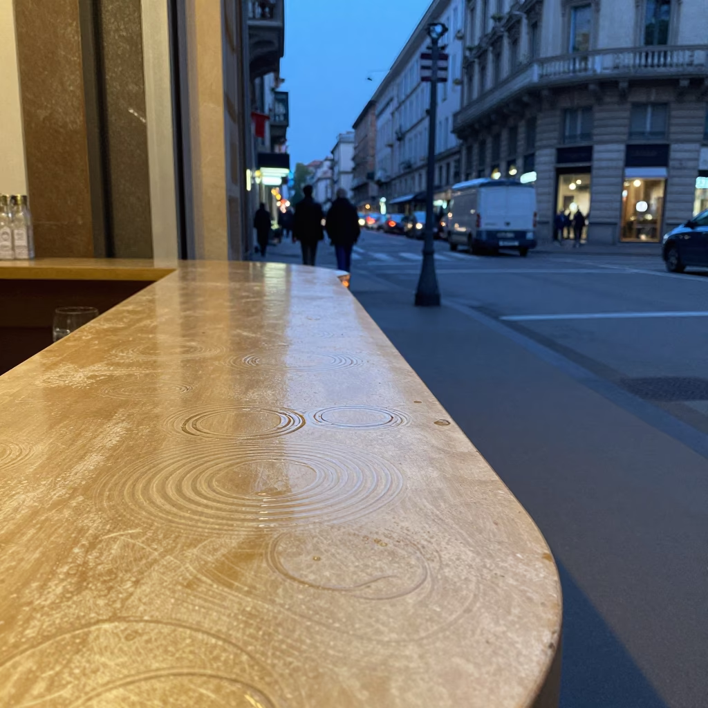 Twilight Street Scene in Milan Italy with Water Rings on Countertop and Urban Atmosphere in in Milan, Italy
