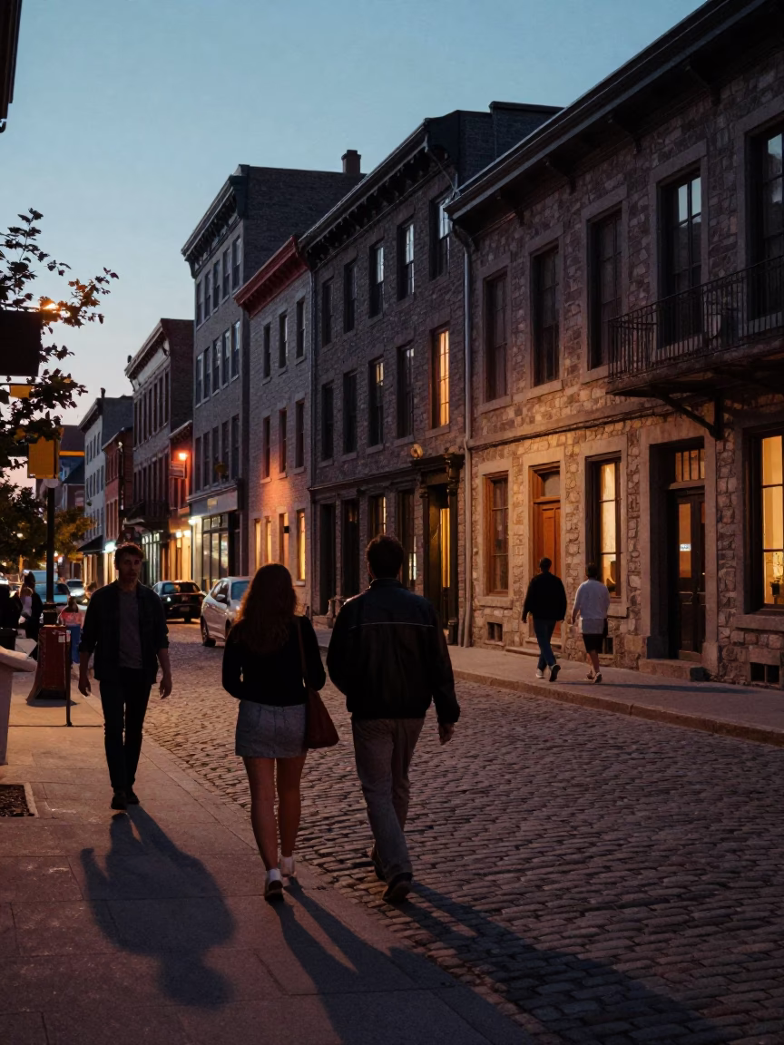 Twilight Street Scene in Montreal Quebec Canada with Vintage 1960s Atmosphere in in Montreal, Quebec, Canada