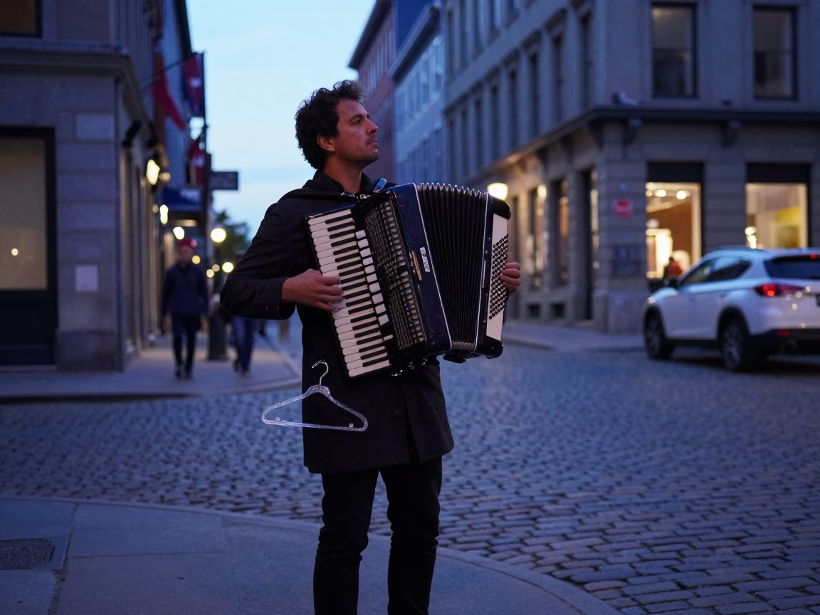 Twilight Street Scene in Montreal Quebec Featuring Accordion Musician and Shirt Hanger in in Montreal, Quebec, Canada
