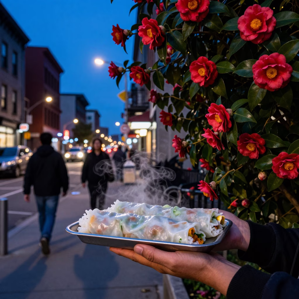 Twilight Street Scene in Montreal Quebec Featuring Camellia Flowers and Urban Life in in Montreal, Quebec, Canada