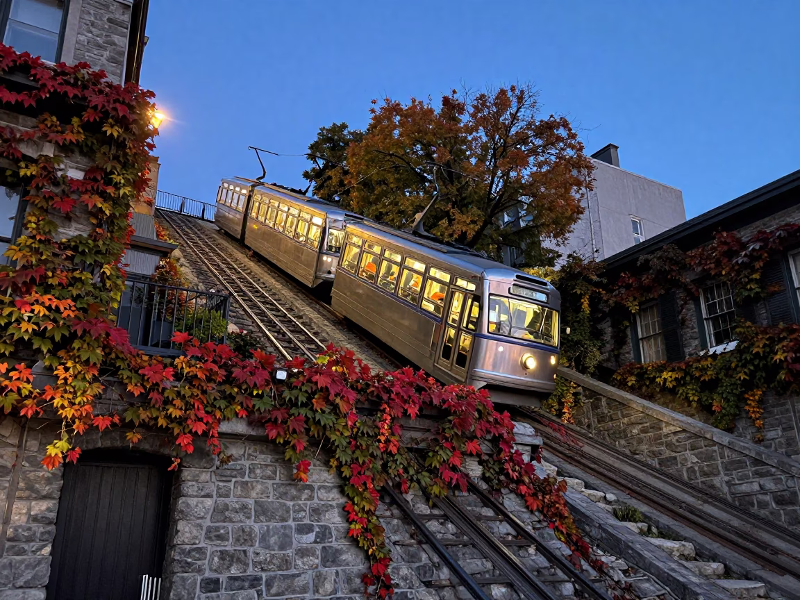 Twilight Street Scene in Montreal Quebec with Funicular and Autumn Vines in in Montreal, Quebec, Canada