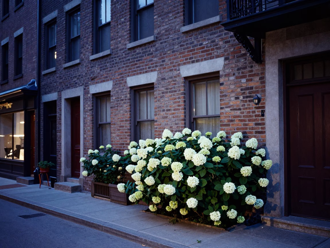 Twilight Street Scene in Montreal Quebec with Hydrangeas and Vintage Architecture in in Montreal, Quebec, Canada
