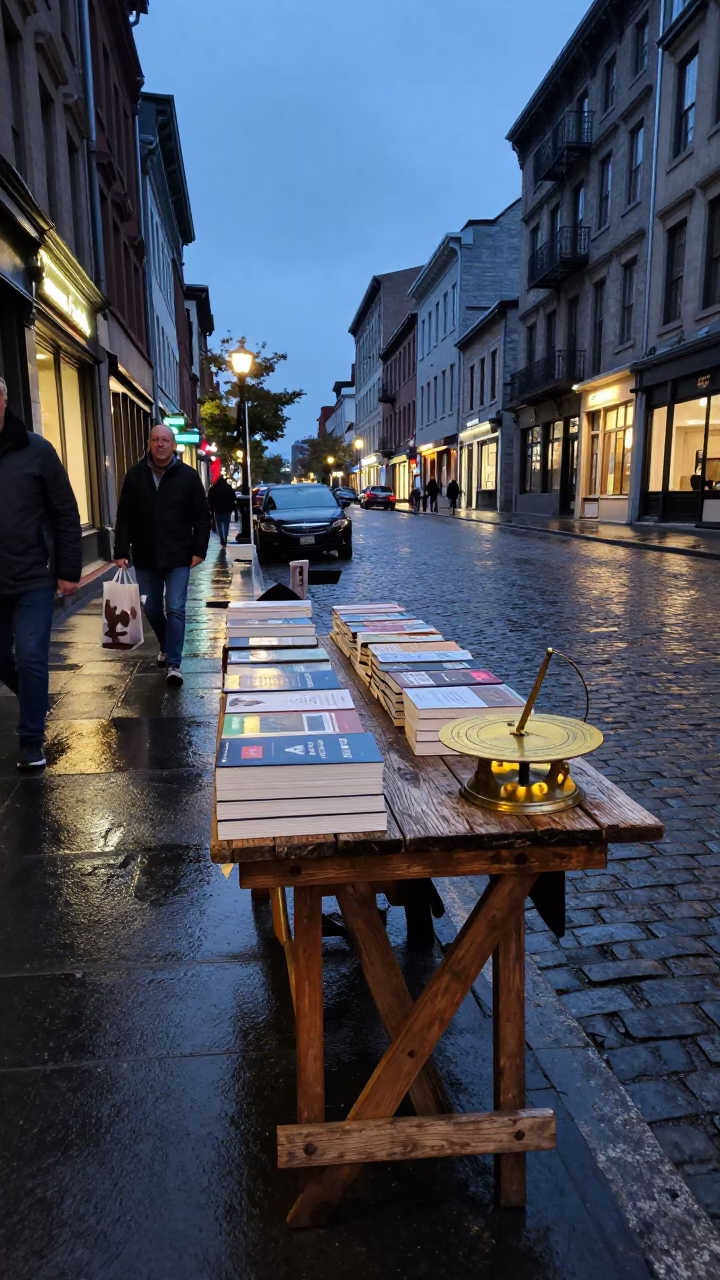 Twilight Street Scene in Montreal Quebec with Paperbacks and Urban Details in in Montreal, Quebec, Canada