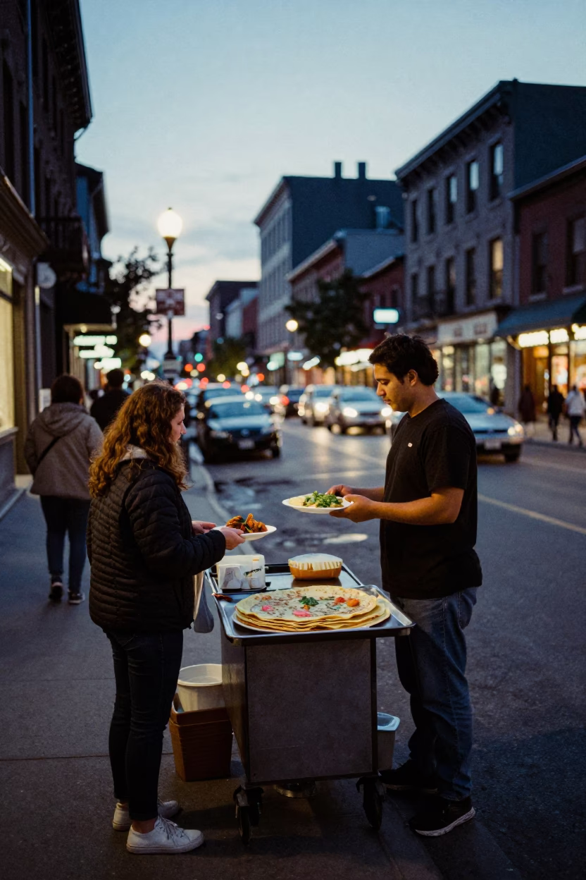 Twilight Street Scene in Montreal Quebec with Street Vendor and Pedestrians in in Montreal, Quebec, Canada