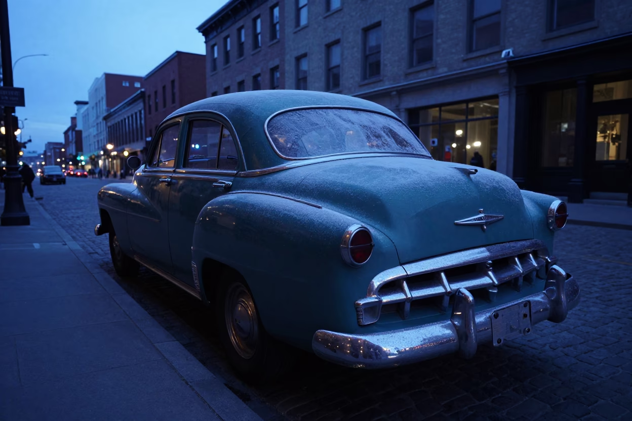 Twilight Street Scene in Montreal Quebec with Vintage 1950s Automobile and Urban Architecture in in Montreal, Quebec, Canada