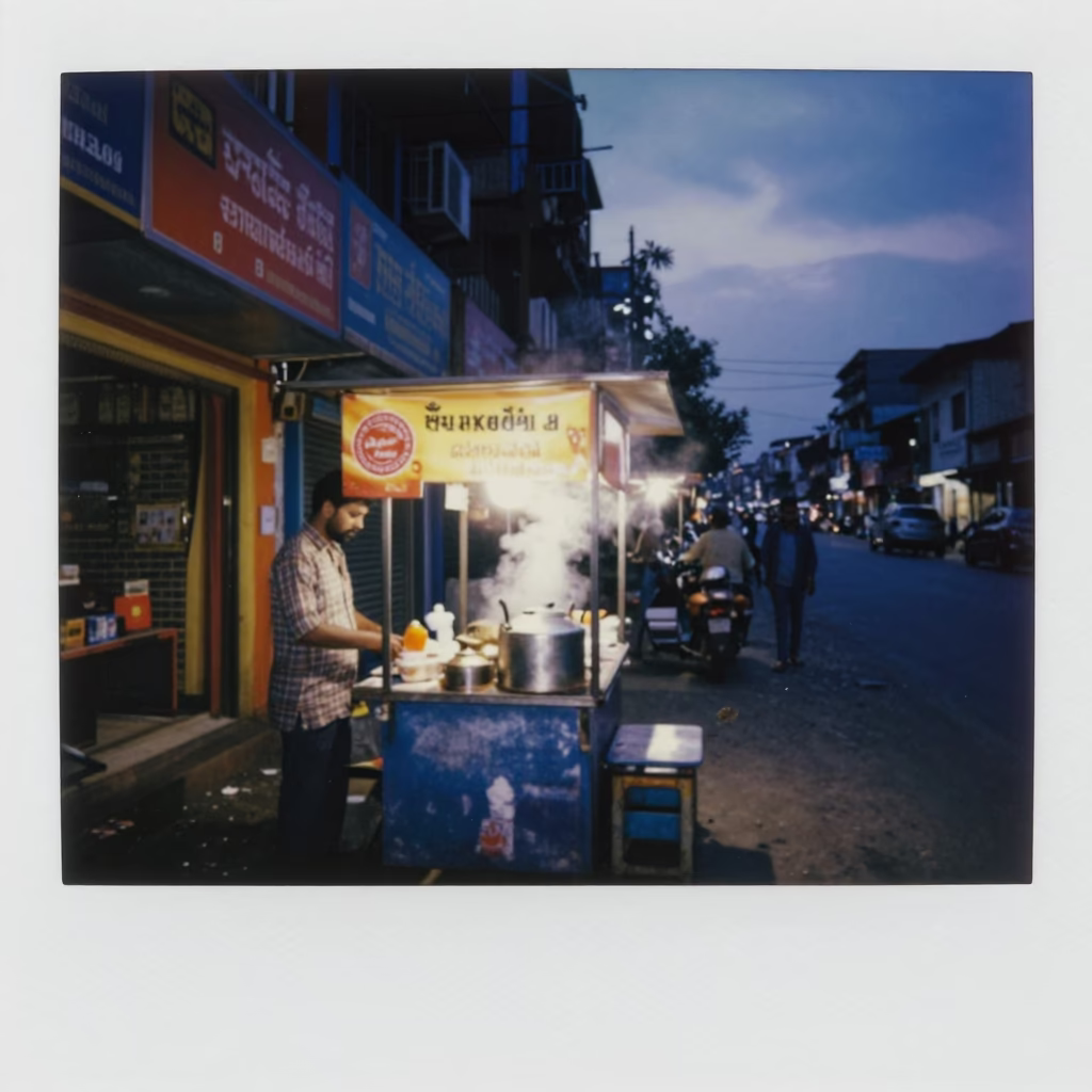Twilight street scene in Mumbai India with colorful shopfronts and evening activity in in Mumbai, India