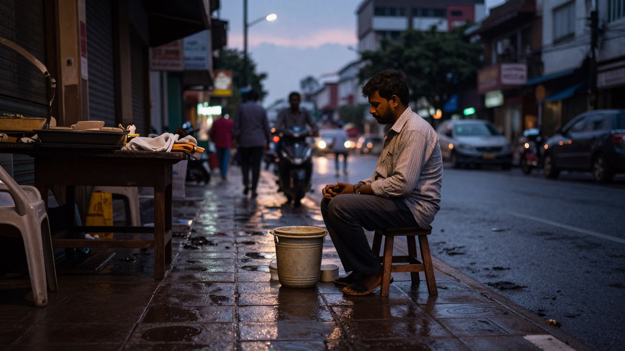 Twilight Street Scene in Mumbai India with Local Vendor and Stool in in Mumbai, India