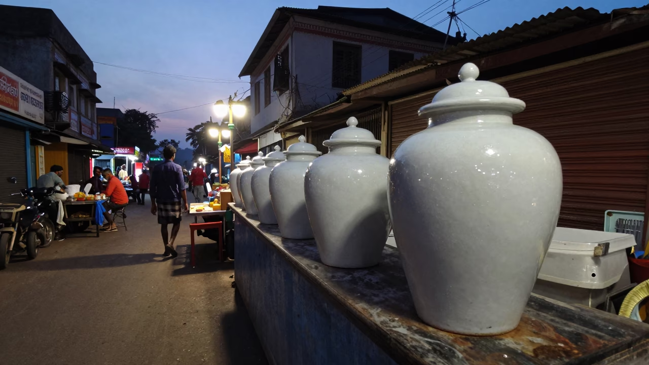 Twilight Street Scene in Mumbai India with Local Vendor and Traditional Elements in in Mumbai, India