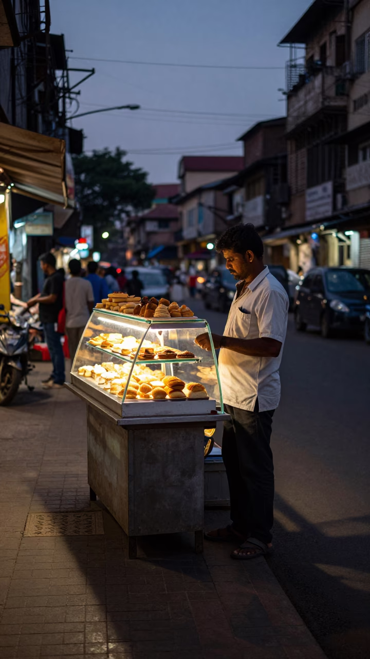 Twilight Street Scene in Mumbai India with Pastries and Glass Edge in in Mumbai, India