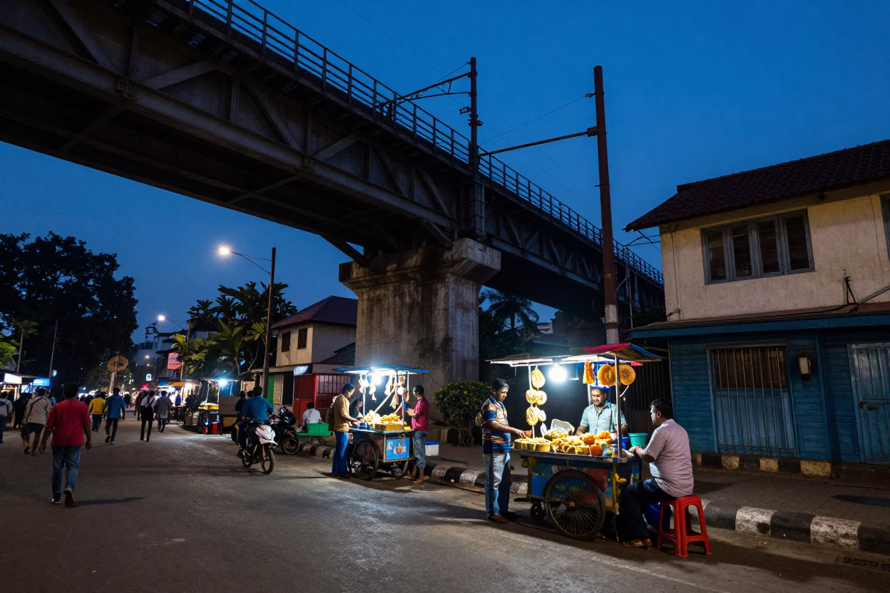 Twilight Street Scene in Mumbai India with Railway Viaduct and Local Commuters in in Mumbai, India