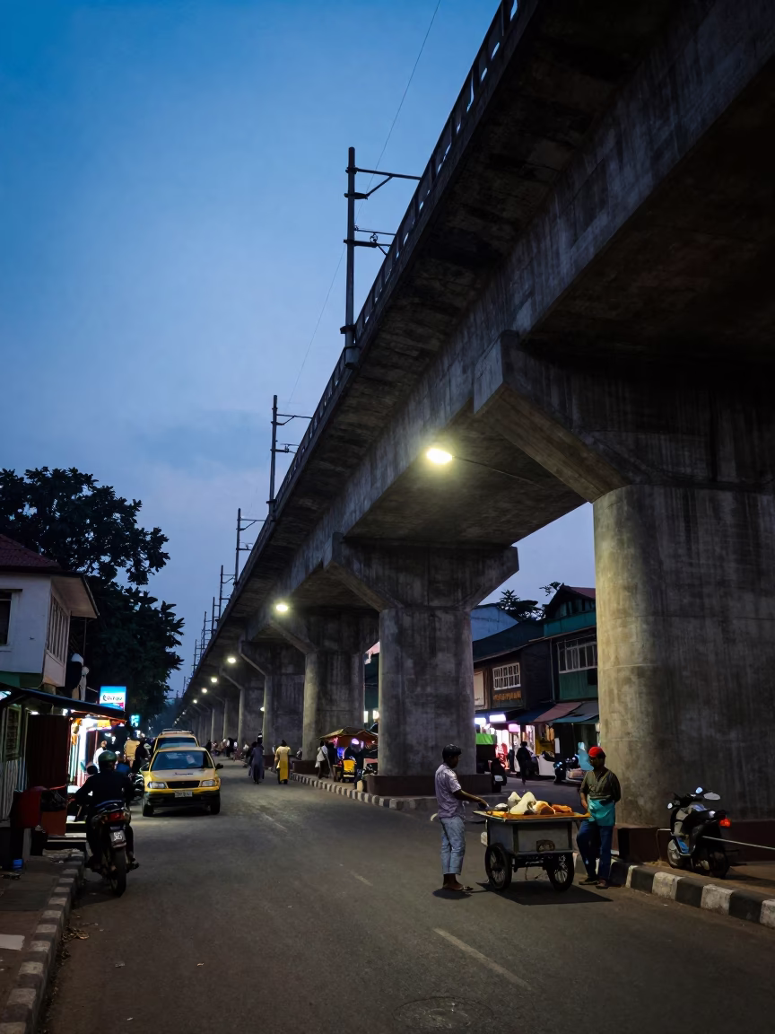 Twilight Street Scene in Mumbai India with Railway Viaduct and Local Life in in Mumbai, India