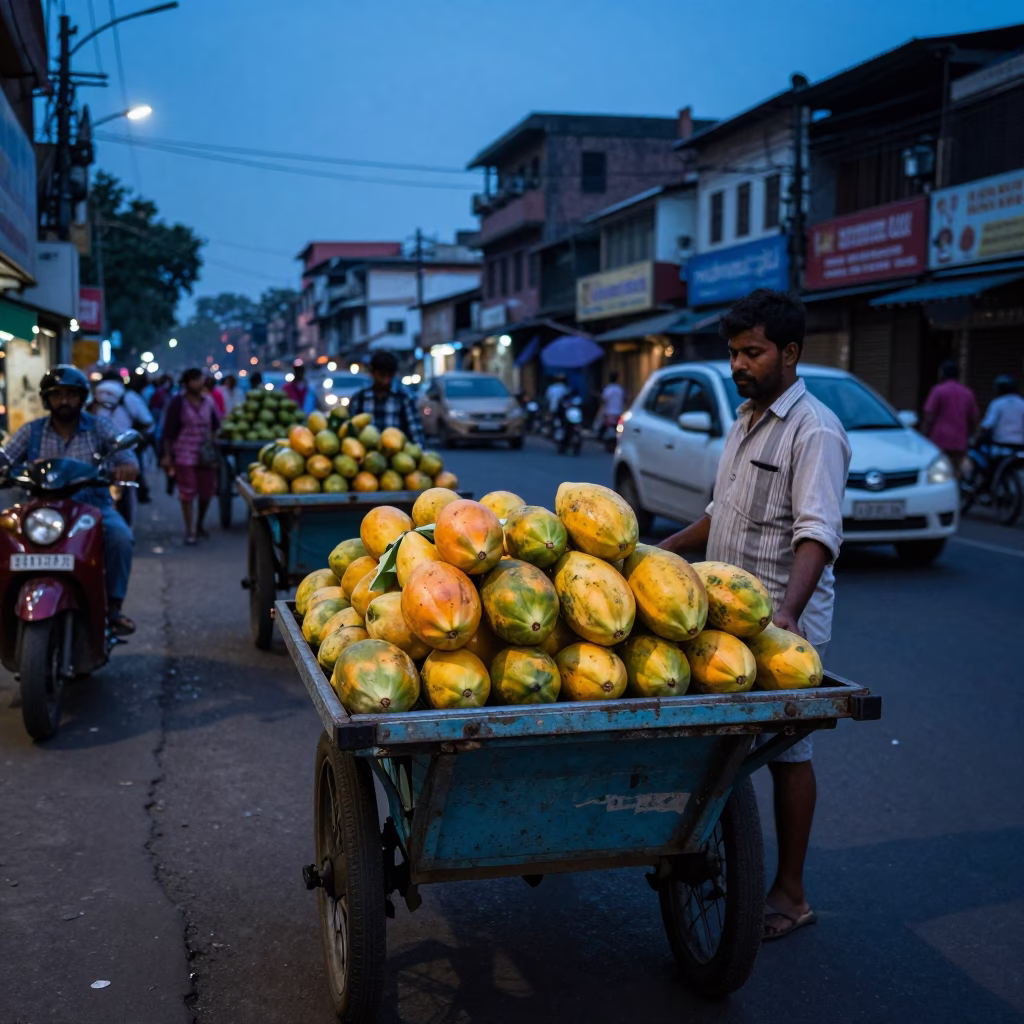 Twilight Street Scene in Mumbai India with Rolling Carts and Papayas in in Mumbai, India
