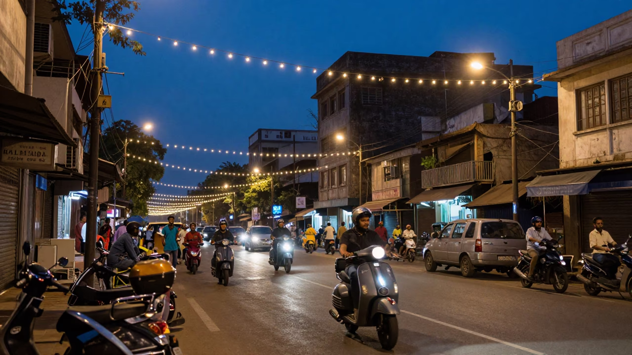 Twilight Street Scene in Mumbai India with String Lights and Urban Activity in in Mumbai, India
