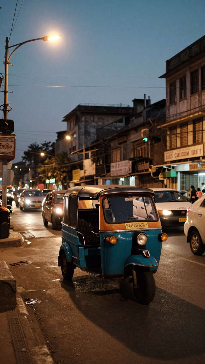 Twilight street scene in Mumbai India with vintage 1950s aesthetics and local activity in in Mumbai, India