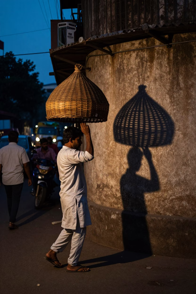 Twilight Street Scene in Mumbai India with Wicker Shadow and Kheer Sagar Bowl in in Mumbai, India