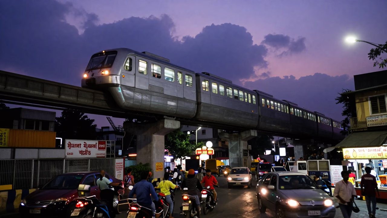 Twilight Street Scene in Mumbai with Monorail Overhead and Chai Stall in in Mumbai, India