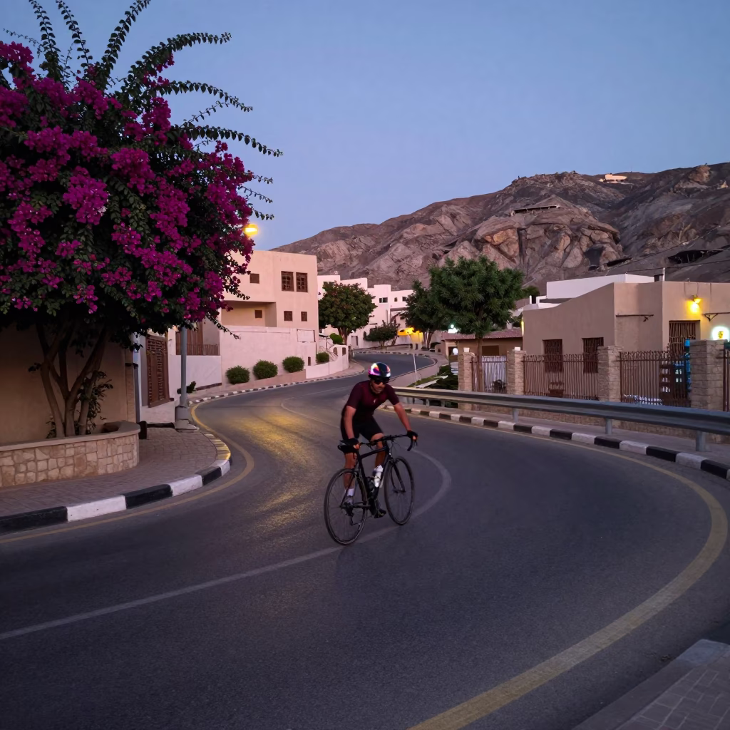 Twilight Street Scene in Muscat Oman with Bougainvillea and Cyclist in in Muscat, Oman