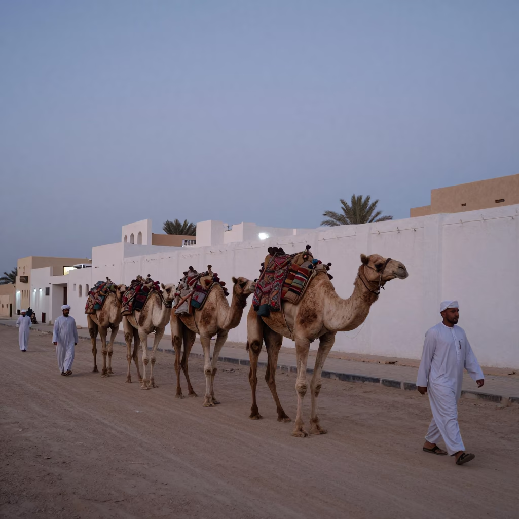 Twilight Street Scene in Muscat Oman with Camel Caravan and Traditional Architecture in in Muscat, Oman