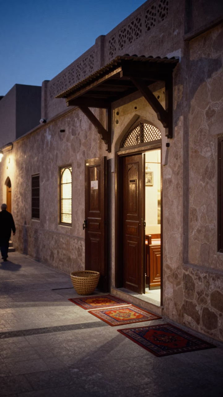 Twilight Street Scene in Muscat Oman with Door Mats and Basket Tray in in Muscat, Oman