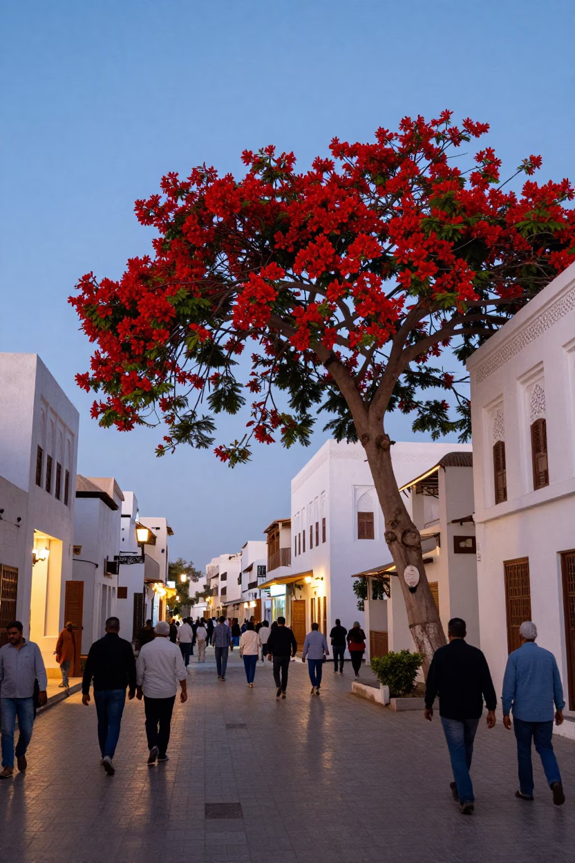 Twilight Street Scene in Muscat Oman with Flame Tree and Local Life in in Muscat, Oman