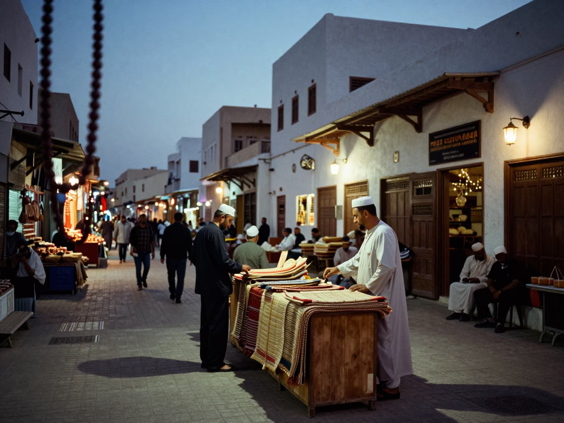 Twilight street scene in Muscat Oman with prayer beads and local vendors in in Muscat, Oman