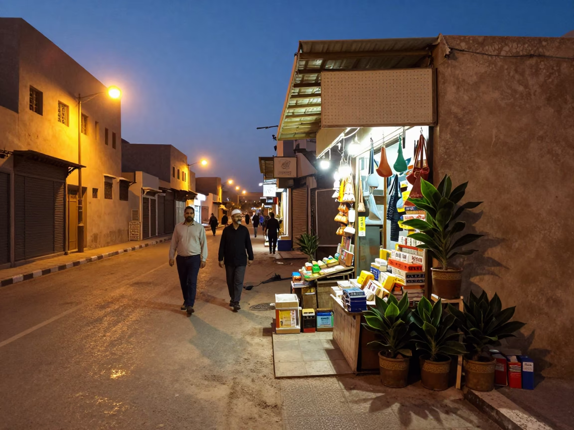 Twilight Street Scene in Muscat Oman with Prayer Plant and Soap Bottle in in Muscat, Oman