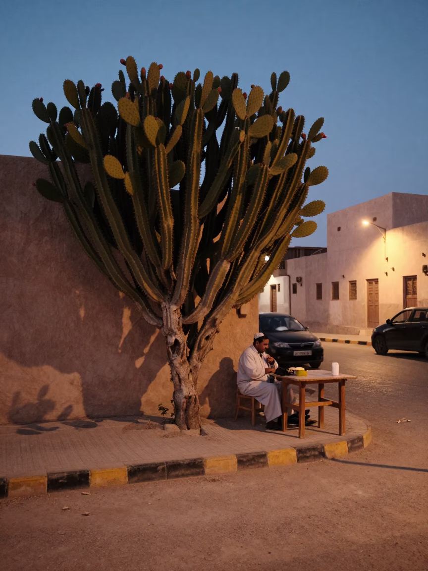 Twilight Street Scene in Muscat Oman with Prickly Pear Cactus and Tea Tray in in Muscat, Oman