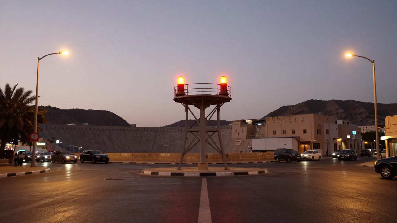 Twilight Street Scene in Muscat Oman with Rotating Amber Beacons and Urban Life in in Muscat, Oman