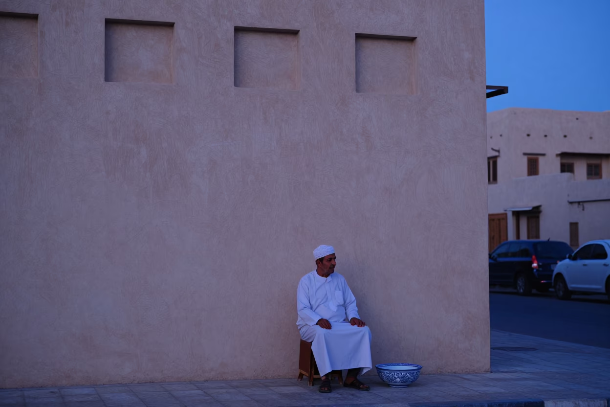 Twilight Street Scene in Muscat Oman with Stool and Ceramic Bowl in in Muscat, Oman