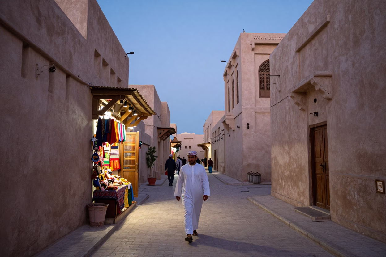 Twilight Street Scene in Muscat Oman with Traditional Architecture and Local Life in in Muscat, Oman