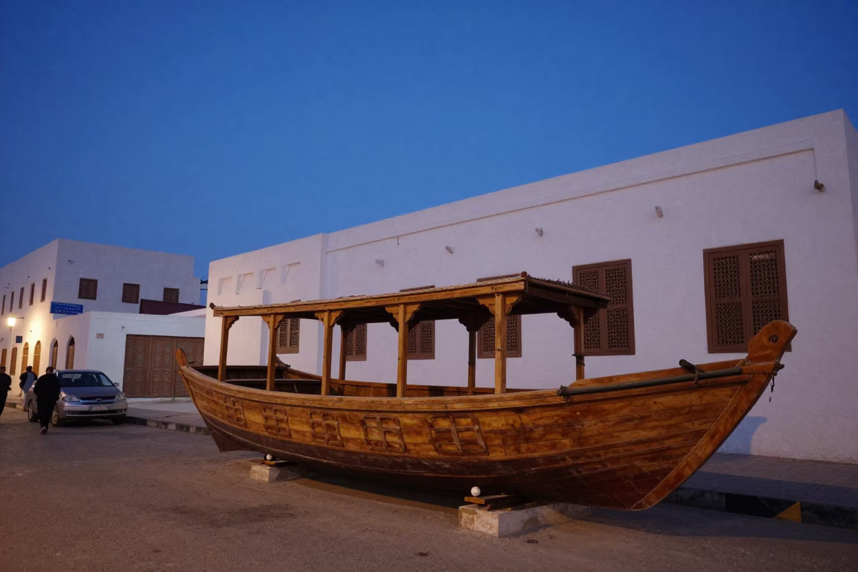 Twilight street scene in Muscat Oman with traditional dhow woodwork and local evening ambiance in in Muscat, Oman
