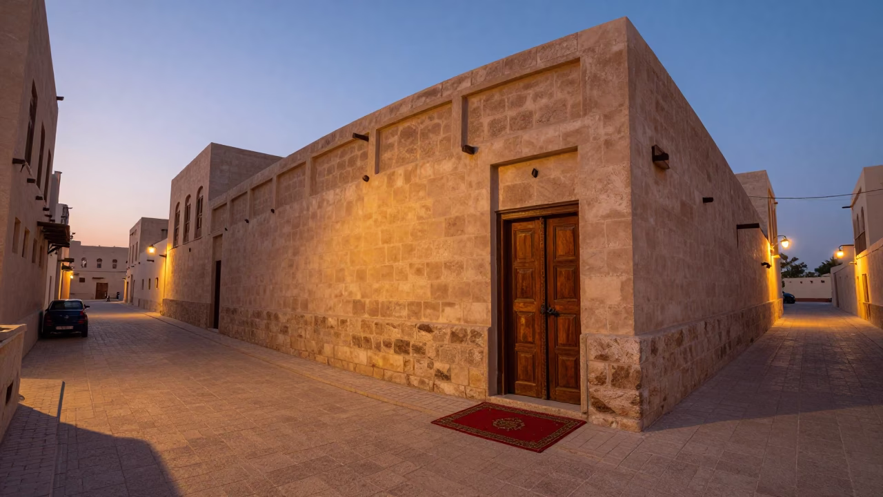 Twilight Street Scene in Muscat Oman with Traditional Door Mats and Ceramic Pitcher in in Muscat, Oman