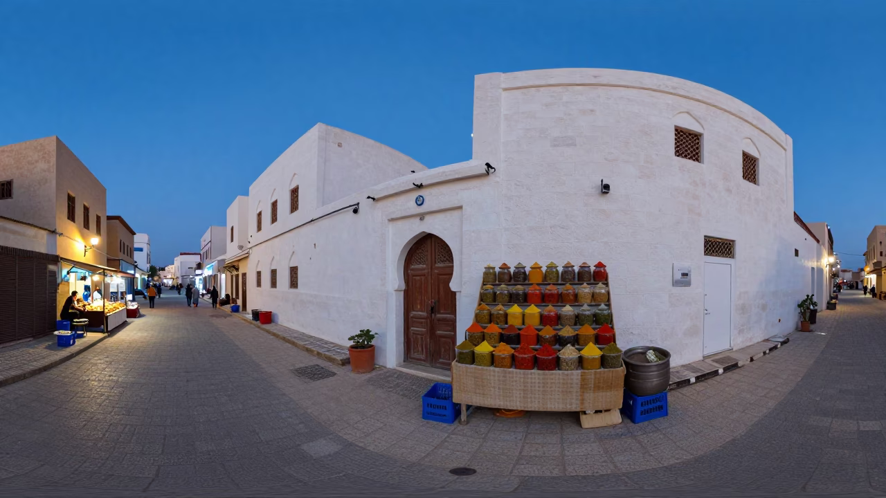 Twilight Street Scene in Muscat Oman with Traditional Spice Jars and Local Market Activity in in Muscat, Oman