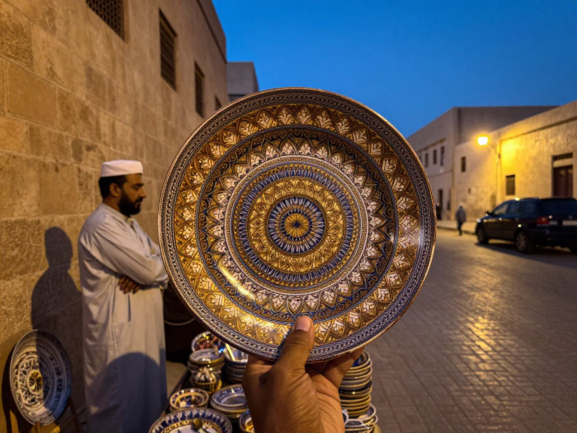 Twilight Street Scene in Muscat Oman with Vintage Italian Majolica Plate and Bread Loaves in in Muscat, Oman