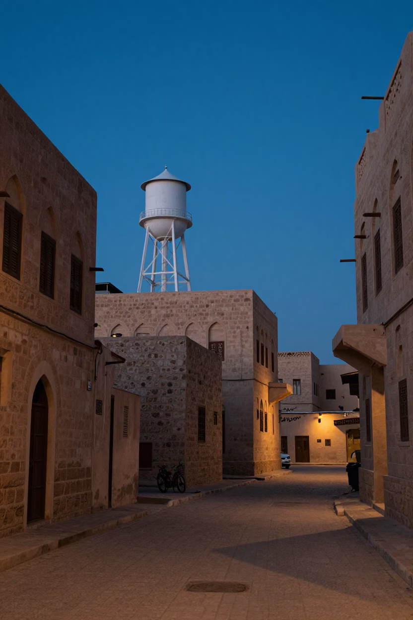 Twilight street scene in Muscat Oman with water tower and traditional carpet loom in in Muscat, Oman