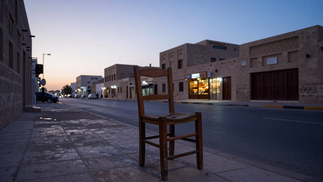 Twilight Street Scene in Muscat Oman with Wooden Chair and Fading Light in in Muscat, Oman