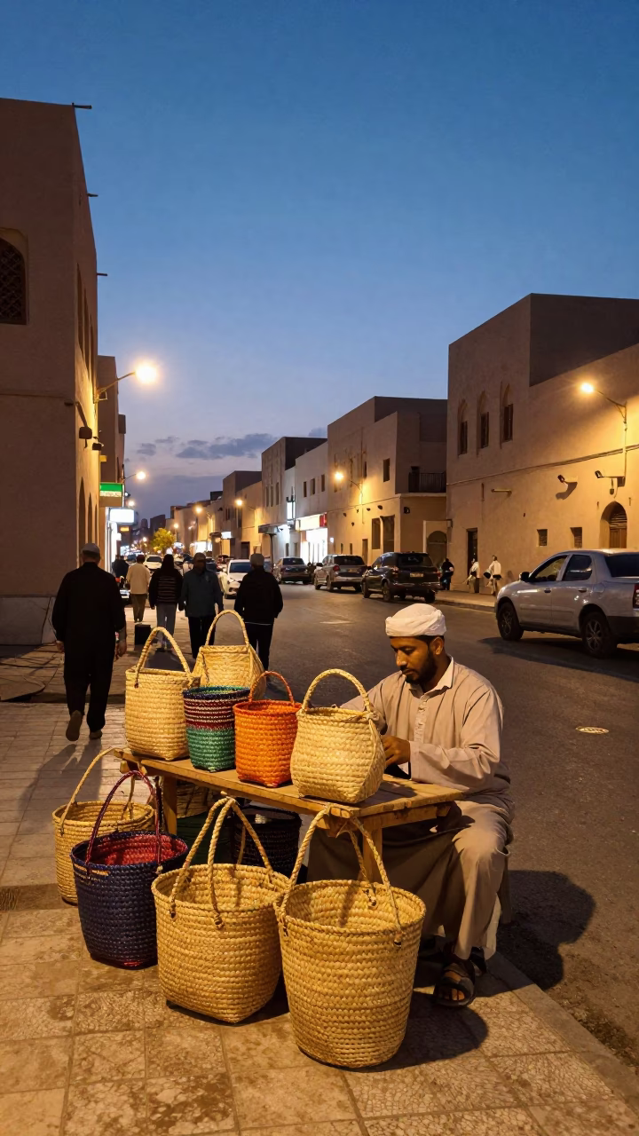 Twilight Street Scene in Muscat Oman with Woven Baskets and Local Commerce in in Muscat, Oman