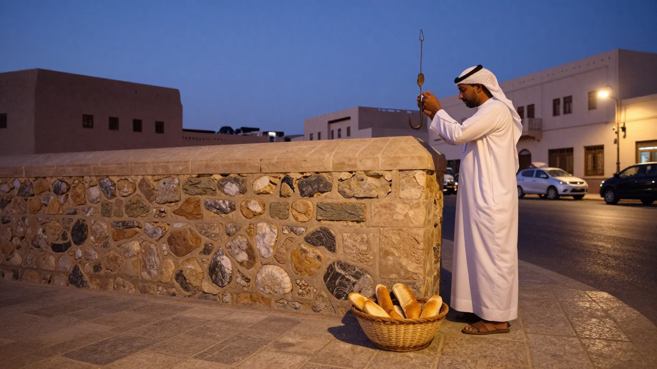 Twilight Street Scene in Muscat Oman with Woven Bread Basket and Plumbago Hedge in in Muscat, Oman