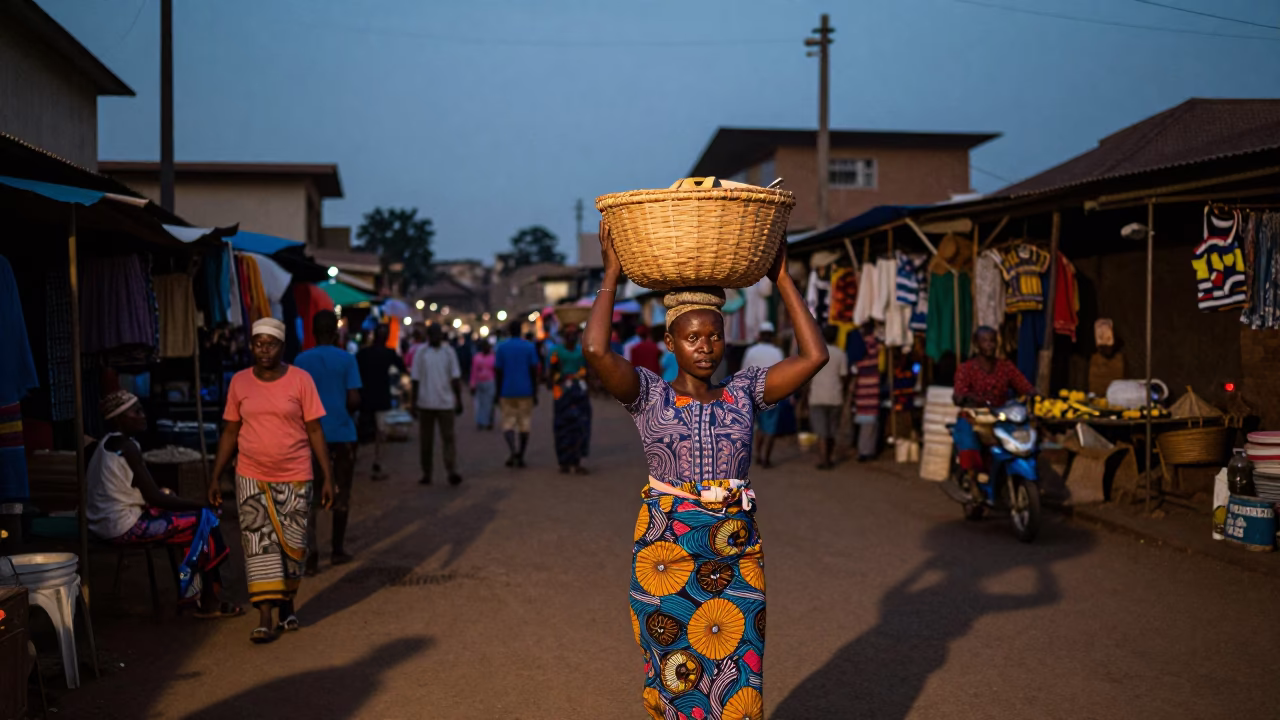 Twilight Street Scene in Nairobi Kenya with Basket and Local Interaction in in Nairobi, Kenya