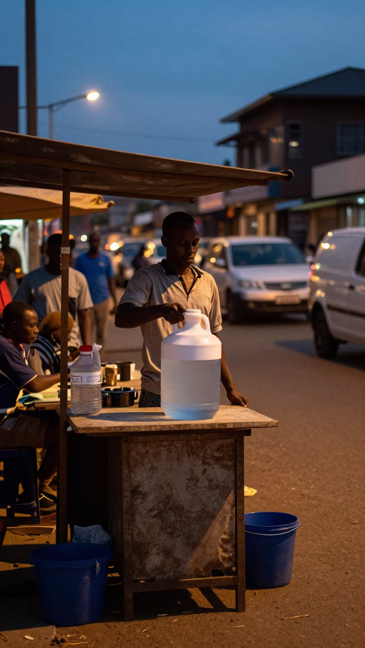 Twilight Street Scene in Nairobi Kenya with Cooler Jug and Cargo Bicycle in in Nairobi, Kenya