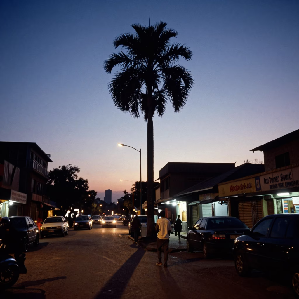 Twilight Street Scene in Nairobi Kenya with Palm Silhouettes and Local Life in in Nairobi, Kenya