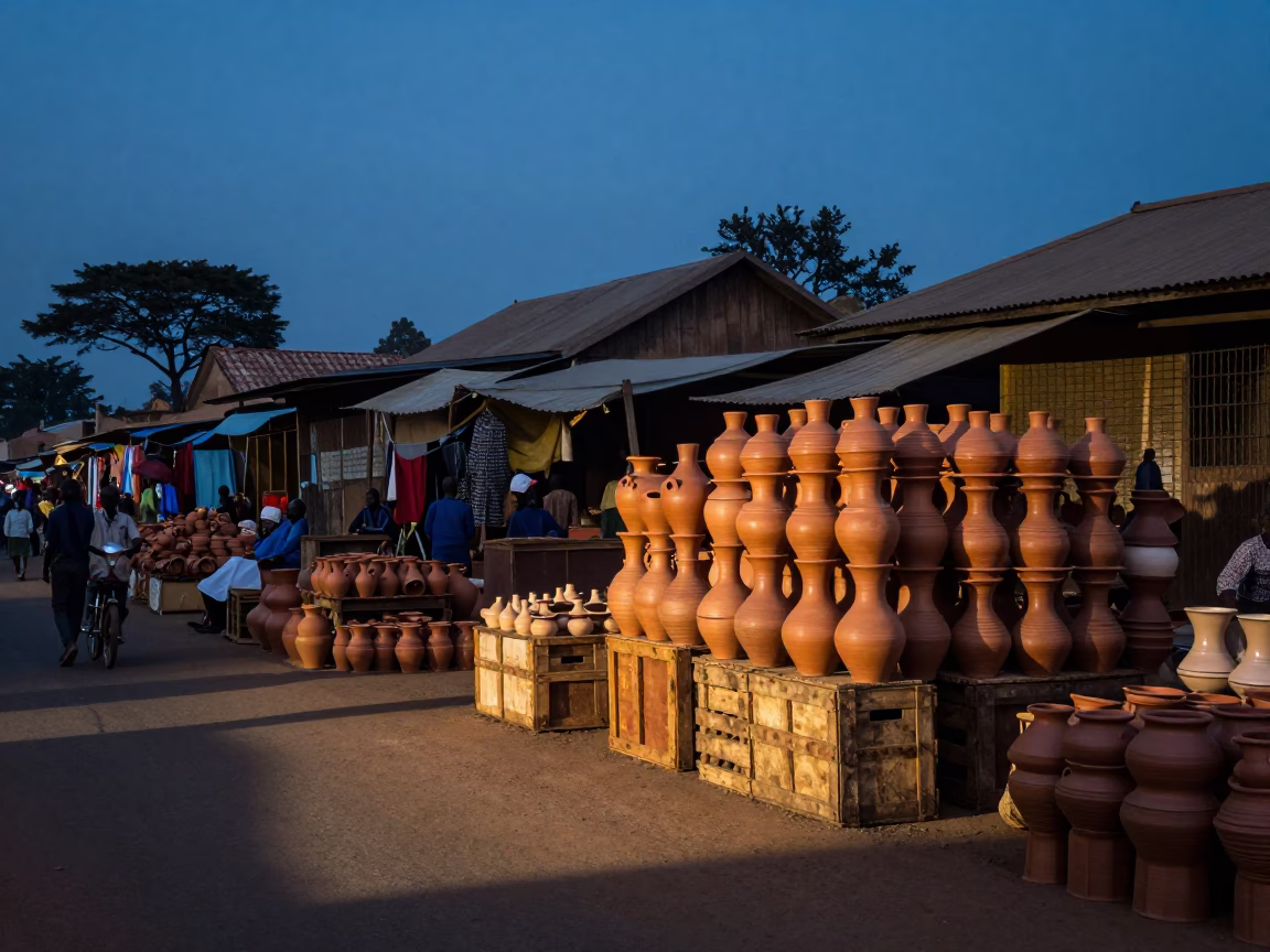 Twilight Street Scene in Nairobi Kenya with Pottery Market Stacked Wares in in Nairobi, Kenya