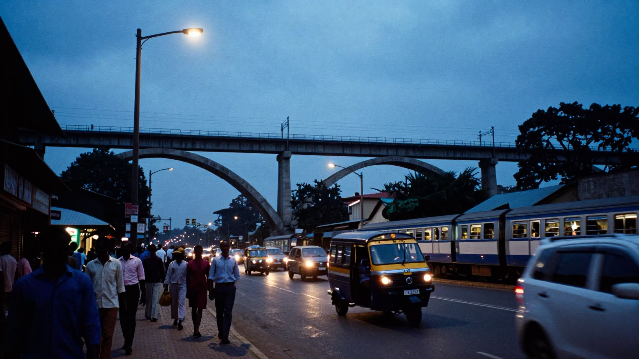 Twilight Street Scene in Nairobi Kenya with Railway Viaduct and Train in in Nairobi, Kenya