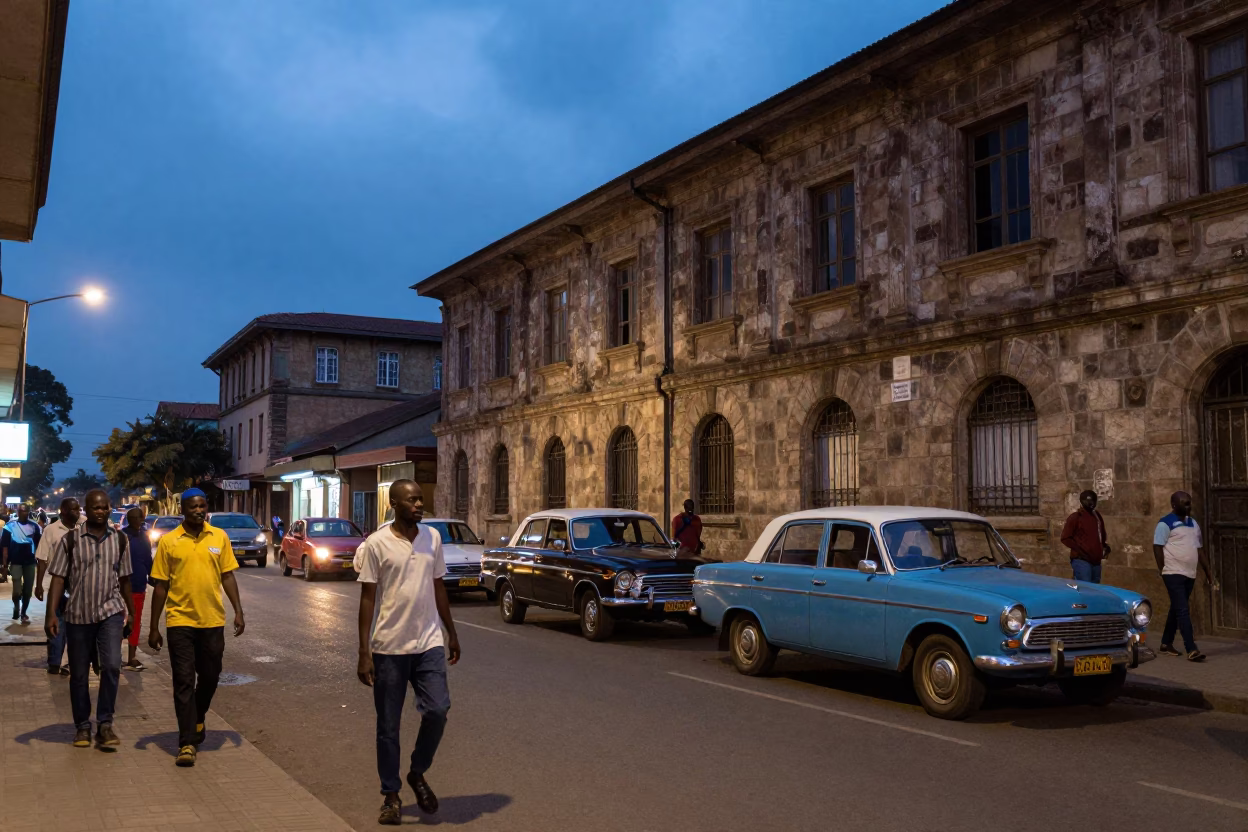 Twilight street scene in Nairobi Kenya with vintage cars and pedestrians near stone architecture in in Nairobi, Kenya